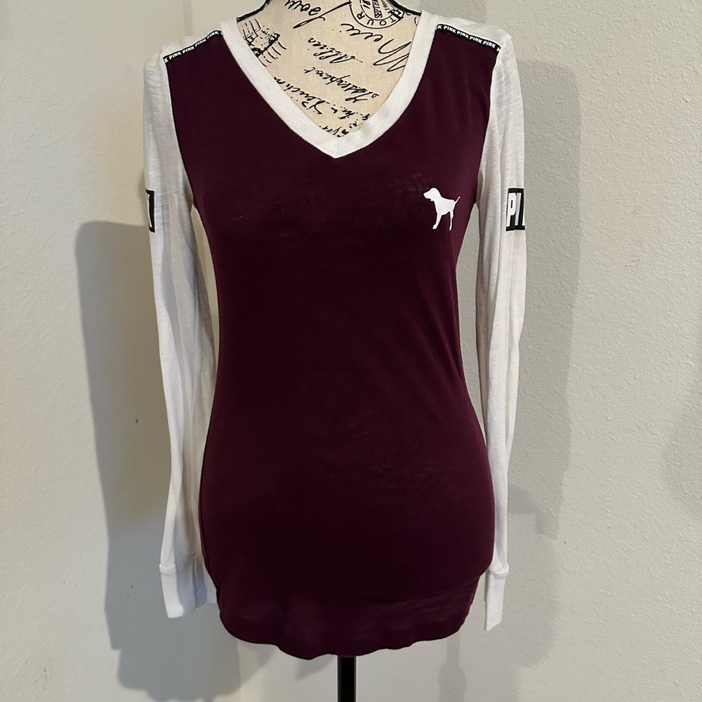 PINK Victoria's Secret Maroon & White V-Neck Long Sleeve Top